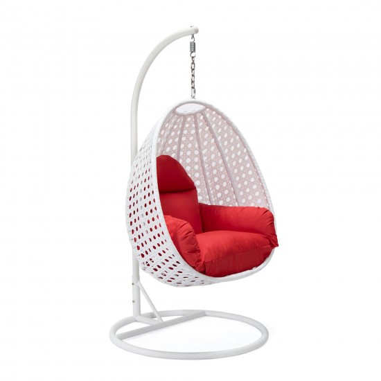 LeisureMod White And Red Wicker Hanging Egg Swing Chair