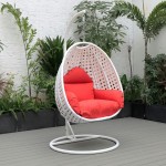 LeisureMod White And Red Wicker Hanging Egg Swing Chair