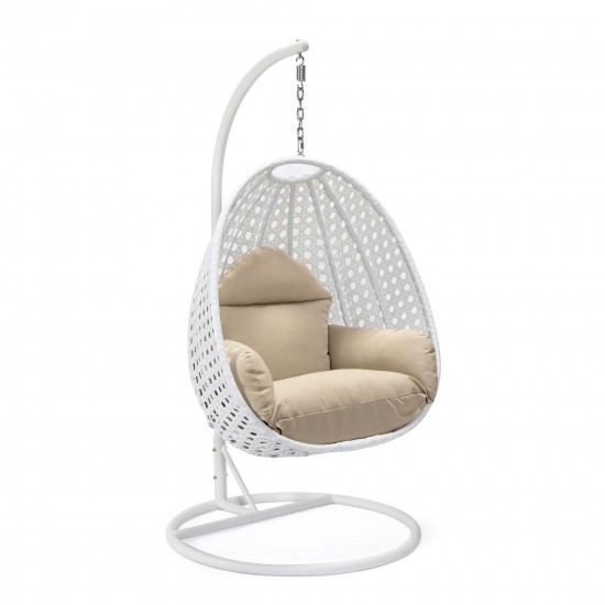 LeisureMod White And Taupe Wicker Hanging Egg Swing Chair