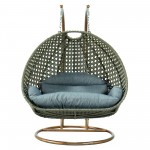 LeisureMod Beige And Charcoal Blue Wicker Hanging 2 person Egg Swing Chair