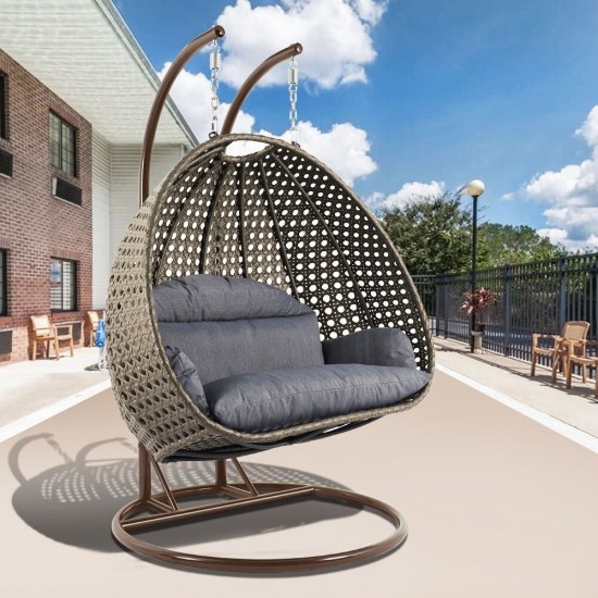 LeisureMod Beige And Charcoal Blue Wicker Hanging 2 person Egg Swing Chair