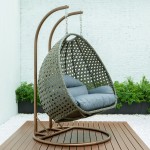 LeisureMod Beige And Charcoal Blue Wicker Hanging 2 person Egg Swing Chair