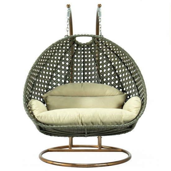 LeisureMod Beige And Taupe Wicker Hanging 2 person Egg Swing Chair