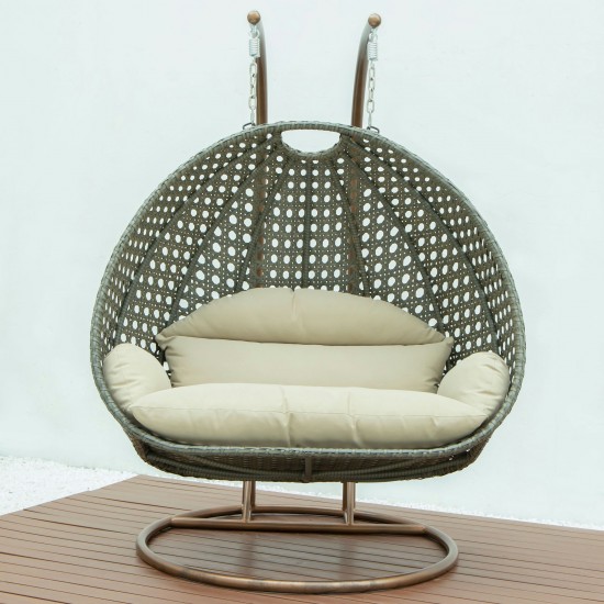 LeisureMod Beige And Taupe Wicker Hanging 2 person Egg Swing Chair