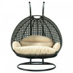 LeisureMod Charcoal And Beige Wicker Hanging 2 person Egg Swing Chair