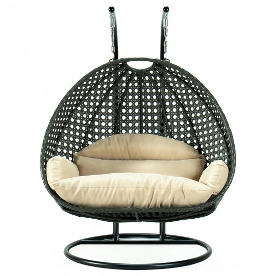 LeisureMod Charcoal And Beige Wicker Hanging 2 person Egg Swing Chair