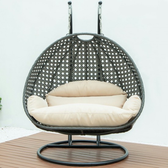 LeisureMod Charcoal And Beige Wicker Hanging 2 person Egg Swing Chair