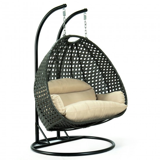 LeisureMod Charcoal And Beige Wicker Hanging 2 person Egg Swing Chair