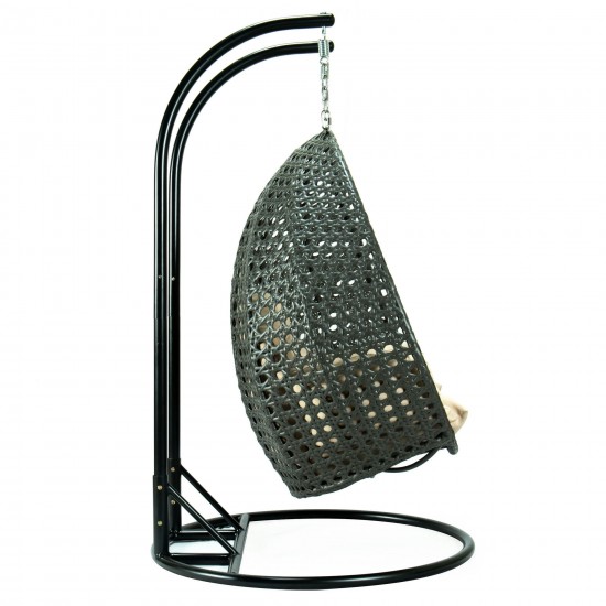 LeisureMod Charcoal And Beige Wicker Hanging 2 person Egg Swing Chair