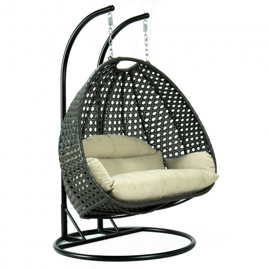 LeisureMod Charcoal And Taupe Wicker Hanging 2 person Egg Swing Chair