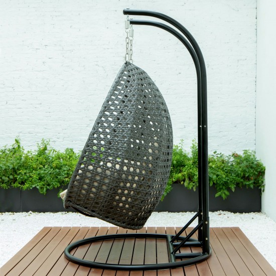 LeisureMod Charcoal And Taupe Wicker Hanging 2 person Egg Swing Chair