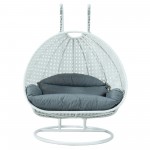 LeisureMod White And Charcoal Blue Wicker Hanging 2 person Egg Swing Chair