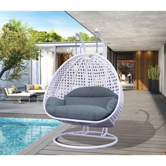 LeisureMod White And Charcoal Blue Wicker Hanging 2 person Egg Swing Chair