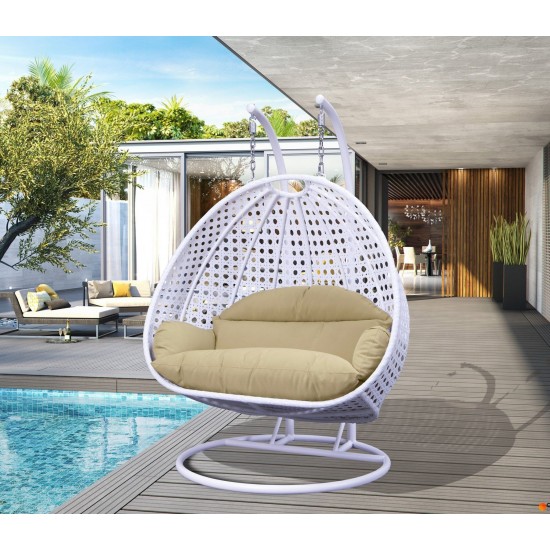 LeisureMod White And Beige Wicker Hanging 2 person Egg Swing Chair
