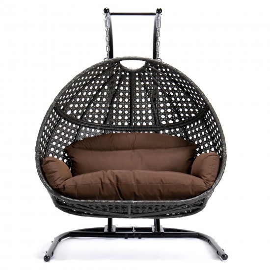LeisureMod Dark Brown Wicker Hanging Double Egg Swing Chair