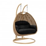 LeisureMod Mendoza Light Brown Wicker Hanging 2 person Egg Swing Chair - Black