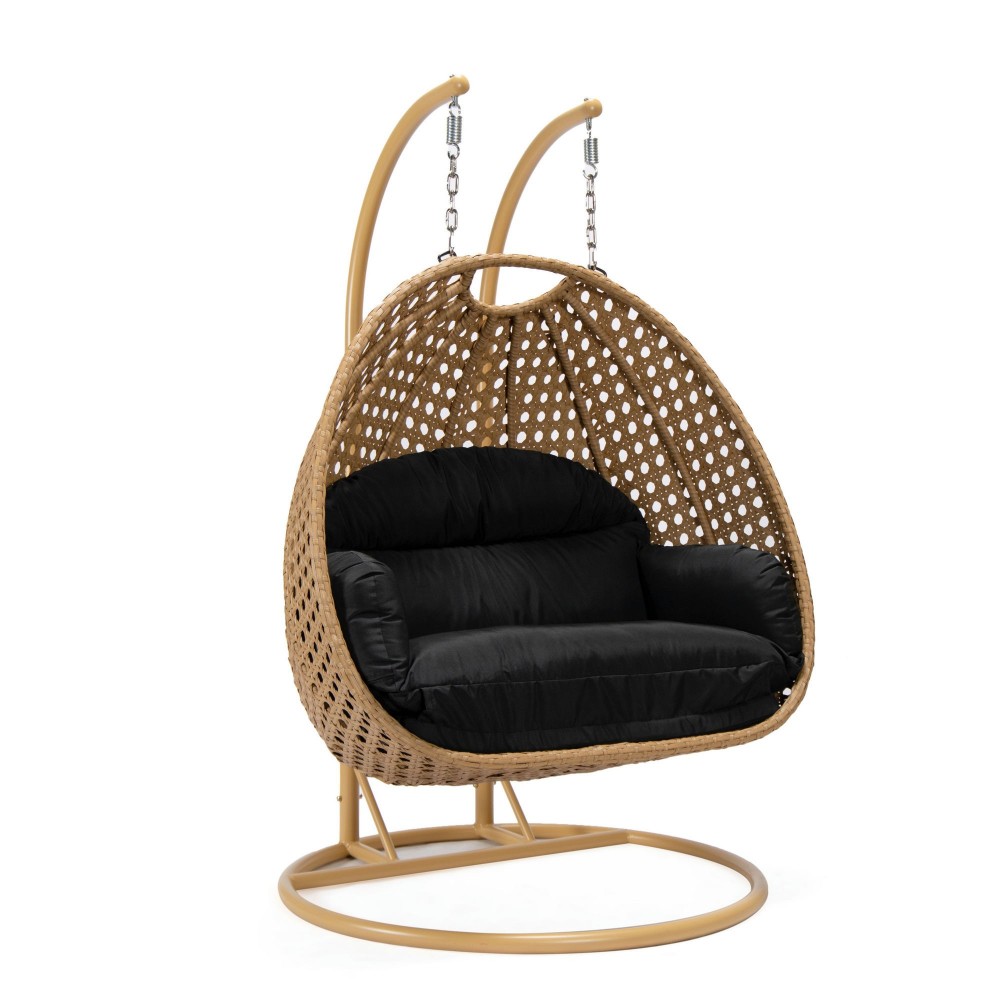 LeisureMod Mendoza Light Brown Wicker Hanging 2 person Egg Swing Chair - Black