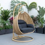 LeisureMod Mendoza Light Brown Wicker Hanging 2 person Egg Swing Chair - Black