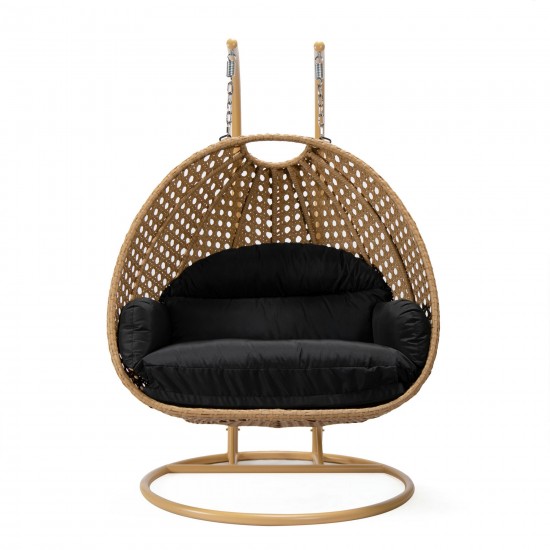 LeisureMod Mendoza Light Brown Wicker Hanging 2 person Egg Swing Chair - Black