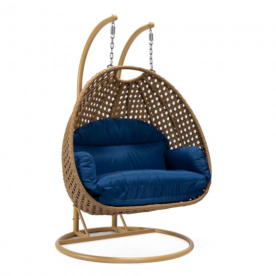 LeisureMod Mendoza Light Brown Wicker Hanging 2 person Egg Swing Chair - Blue