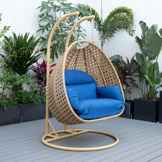 LeisureMod Mendoza Light Brown Wicker Hanging 2 person Egg Swing Chair - Blue