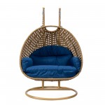 LeisureMod Mendoza Light Brown Wicker Hanging 2 person Egg Swing Chair - Blue