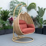 LeisureMod Mendoza Light Brown Wicker Hanging 2 person Egg Swing Chair - Cherry