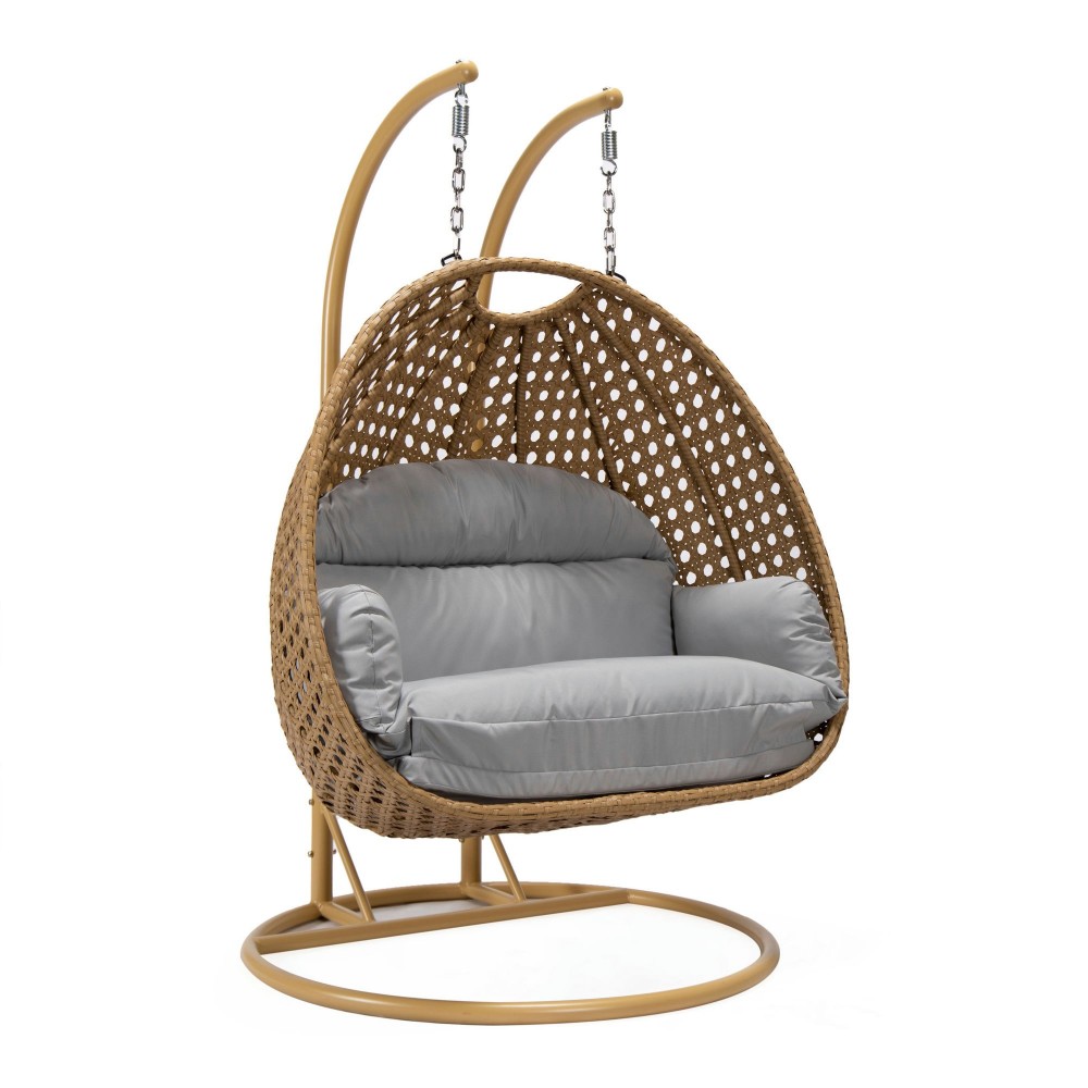 LeisureMod Mendoza Light Brown Hanging 2 person Egg Swing Chair - Light Grey