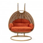 LeisureMod Mendoza Light Brown Wicker Hanging 2 person Egg Swing Chair - Orange