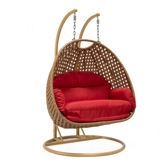 LeisureMod Mendoza Light Brown Wicker Hanging 2 person Egg Swing Chair - Red