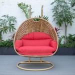 LeisureMod Mendoza Light Brown Wicker Hanging 2 person Egg Swing Chair - Red