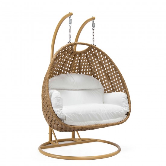 LeisureMod Mendoza Light Brown Wicker Hanging 2 person Egg Swing Chair - White
