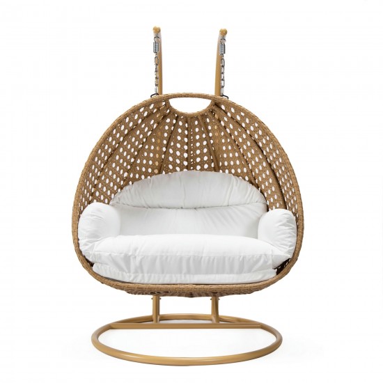 LeisureMod Mendoza Light Brown Wicker Hanging 2 person Egg Swing Chair - White