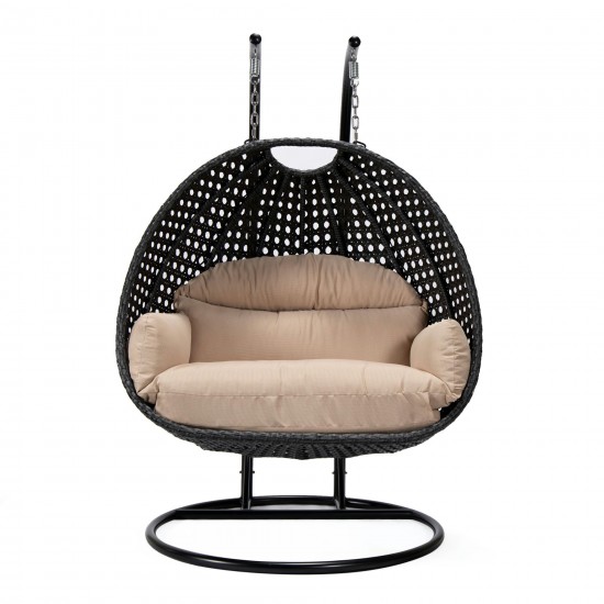 LeisureMod Mendoza Charcoal And Beige Wicker Hanging 2 person Egg Swing Chair