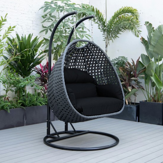 LeisureMod Mendoza Charcoal And Black Wicker Hanging 2 person Egg Swing Chair