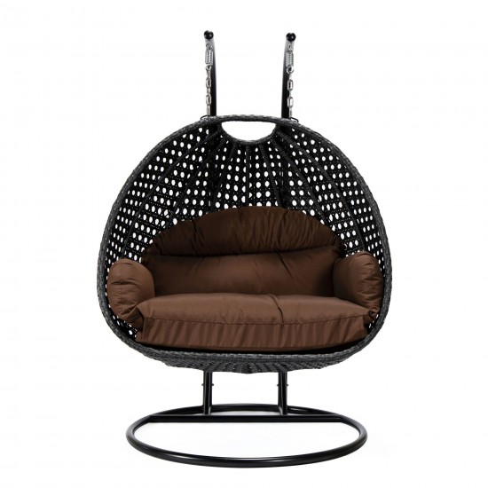 LeisureMod Mendoza Charcoal And Brown Wicker Hanging 2 person Egg Swing Chair