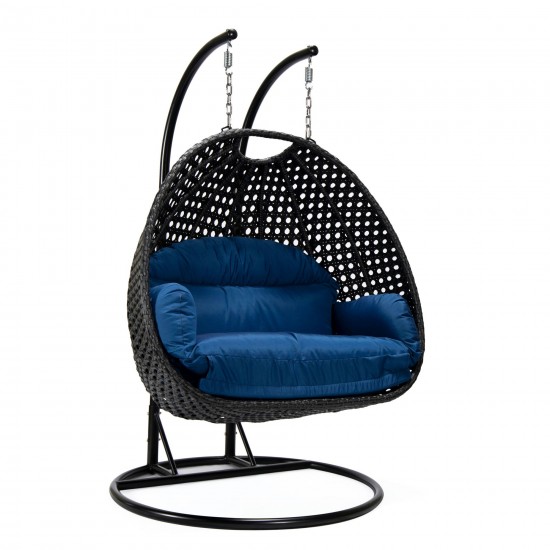 LeisureMod Mendoza Charcoal And Blue Wicker Hanging 2 person Egg Swing Chair