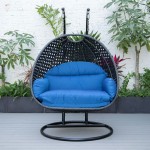 LeisureMod Mendoza Charcoal And Blue Wicker Hanging 2 person Egg Swing Chair