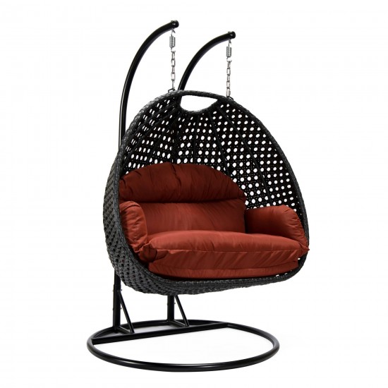 LeisureMod Mendoza Charcoal And Cherry Wicker Hanging 2 person Egg Swing Chair