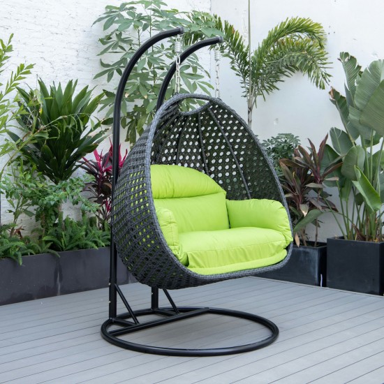 LeisureMod Mendoza Charcoal Light Green Wicker Hanging 2 person Egg Swing Chair