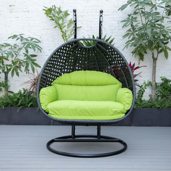 LeisureMod Mendoza Charcoal Light Green Wicker Hanging 2 person Egg Swing Chair