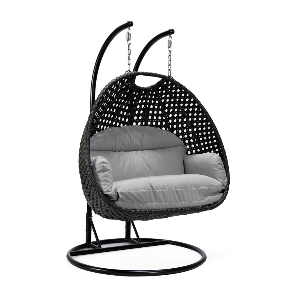 LeisureMod Mendoza Charcoal Light Grey Wicker Hanging 2 person Egg Swing Chair