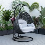 LeisureMod Mendoza Charcoal Light Grey Wicker Hanging 2 person Egg Swing Chair