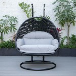 LeisureMod Mendoza Charcoal Light Grey Wicker Hanging 2 person Egg Swing Chair