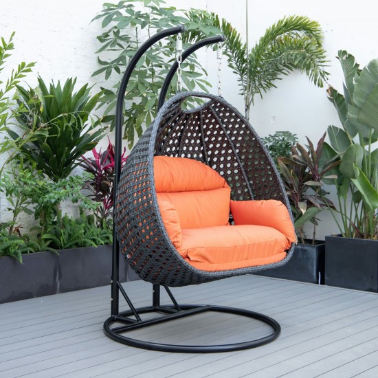 LeisureMod Mendoza Charcoal And Orange Wicker Hanging 2 person Egg Swing Chair