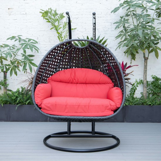 LeisureMod Mendoza Charcoal And Red Wicker Hanging 2 person Egg Swing Chair