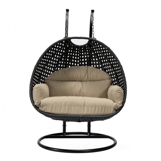 LeisureMod Mendoza Charcoal And Taupe Wicker Hanging 2 person Egg Swing Chair