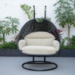 LeisureMod Mendoza Charcoal And Taupe Wicker Hanging 2 person Egg Swing Chair