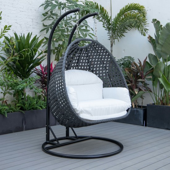 LeisureMod Mendoza Charcoal And White Wicker Hanging 2 person Egg Swing Chair