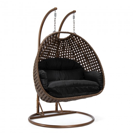 LeisureMod Mendoza Dark Brown Wicker Hanging 2 person Egg Swing Chair - Black